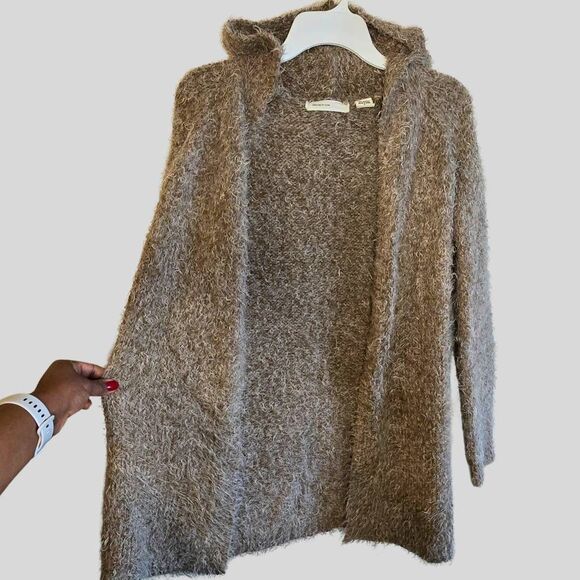 Anthropologie Sleeping on Snow Fuzzy Hooded Cardigan Tan S Soft Cozy Open Front - Picture 6 of 15